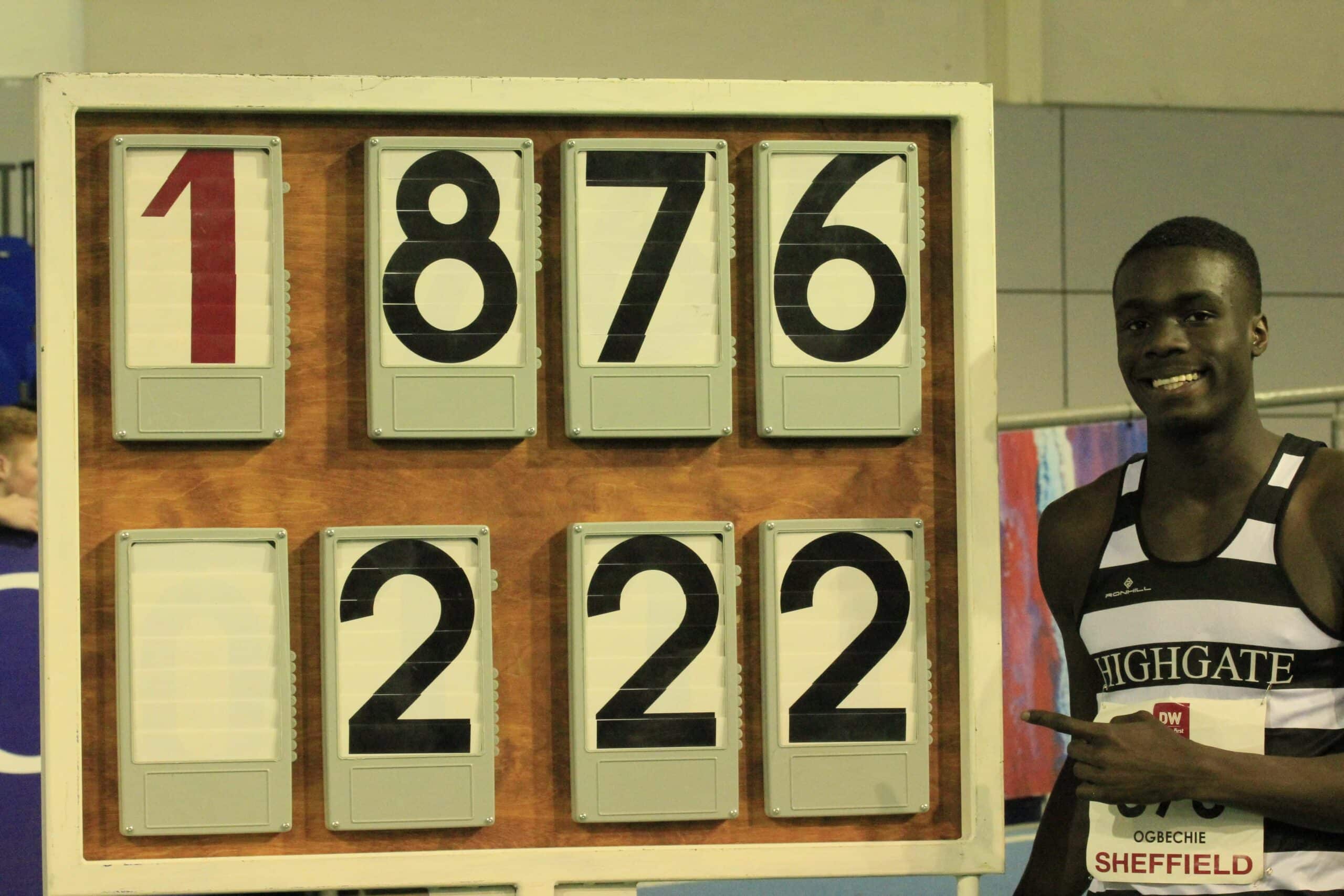 Dominic Ogbechie after his 2.22 jump at the England Age Group Indoor Championships 2018. MV4R Photography.